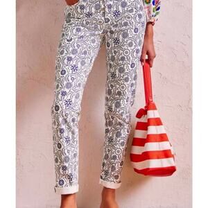 Boden Girlfriend Pants Ivory Opulent Floral Garden Navy Size 4 Regular Classic